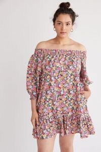 ANTHROPOLOGIE Flouncy Off-The-Shoulder Tunic Dress / bardot summer dresses / frill hem