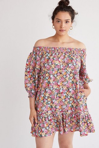 ANTHROPOLOGIE Flouncy Off-The-Shoulder Tunic Dress / bardot summer dresses / frill hem