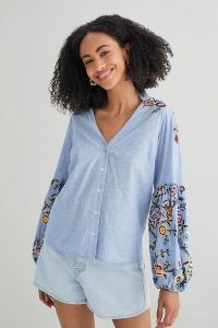 ANTHROPOLOGIE Dobby Embroidered Shirt Light Blue / summer floral shirts