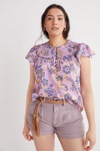 ANTHROPOLOGIE Jessie Smocked Ruffle Blouse / purple flutter sleeve blouses