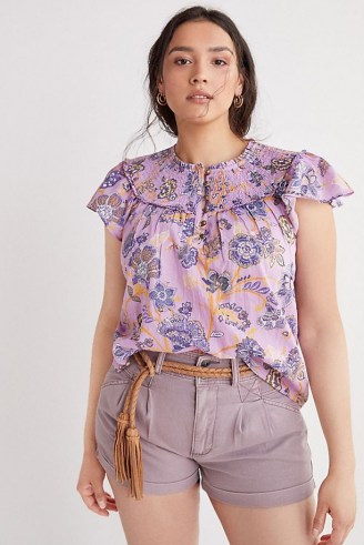 ANTHROPOLOGIE Jessie Smocked Ruffle Blouse / purple flutter sleeve blouses