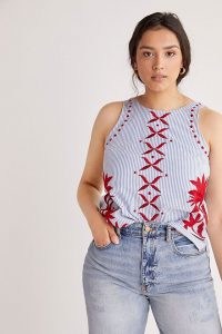 Maeve Embroidered Swing Blouse / sleeveless summer blouses / floral and stripe top