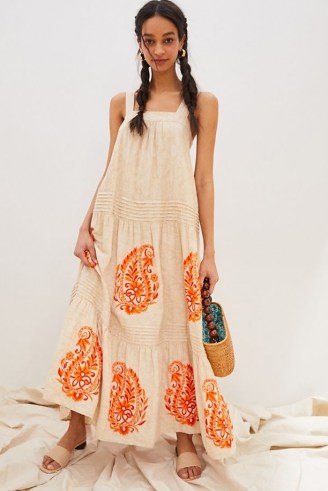 ANTHROPOLOGIE Felicity Embroidered Maxi Dress / sleeveless square neck summer dresses