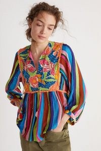 Verb by Pallavi Singhee Floral Beaded Babydoll Blouse / striped boho blouses