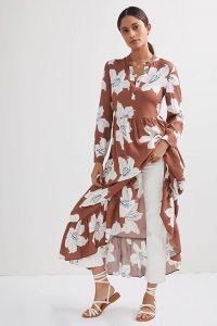 Mare Mare x Anthropologie Lynda Tiered Maxi Dress / brown floral frill hem dresses