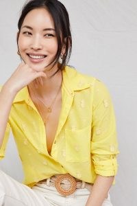 Maeve Classic Embroidered Buttondown in Yellow / pineapple fruit applique shirt