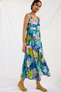 ANTHROPOLOGIE Sunny Print Maxi Dress / sleeveless blue floral pleated bodice dresses