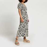 RIVER ISLAND Brown short sleeve button down midi dress / floral day dresses