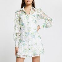 RIVER ISLAND Cream floral organza shirt dress / semi sheer collared dresses