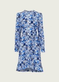 L.K. BENNETT EMYLOU BLUE AND WHITE BOTANICAL PRINT DRESS / dipped flippy hem dresses