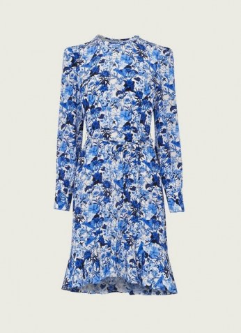 L.K. BENNETT EMYLOU BLUE AND WHITE BOTANICAL PRINT DRESS / dipped flippy hem dresses