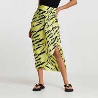 RIVER ISLAND Lime animal print midi skirt / asymmetric twist detail skirts