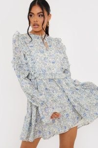 LORNA LUXE BLUE FLORAL ‘GIRL’S GIRL’ FRILL LONG SLEEVE DAY DRESS / romantic ruffle trim dresses