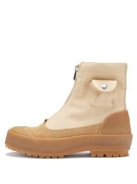 JW ANDERSON Beige patch-pocket zipped canvas duck boots ~ chunky front zip-up utility style boot