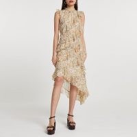 RIVER ISLAND Pink ditsy floral print frill dress / romantic sleeveless ruffled dreses with high neck and asymmetric hemline