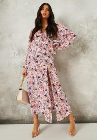 MISSGUIDED pink floral print ruffle smock maternity midi dress / feminine pregnancy dresses