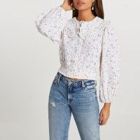 RIVER ISLAND Pink oversized collar floral printed blouse / romantic style blouses