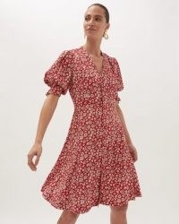 JIGSAW PRIMROSE SHORT TEA DRESS / red floral puff sleeve dresses