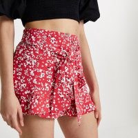 RIVER ISLAND Red floral frill hem belted shorts