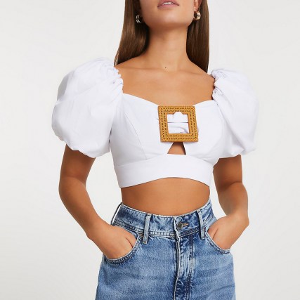 River Island White buckle front puff sleeve crop top – women’s summer tops