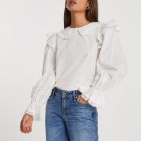 RIVER ISLAND White long puff sleeve collar blouse / romantic floral embroidered blouses / romantic fashion