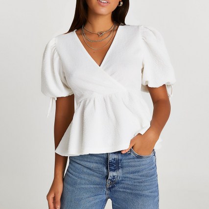 River Island White puff sleeve peplum hem top – cross front tops