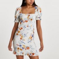 RIVER ISLAND White short sleeve tie back floral mini dress / square neck, puff sleeve frill trim dresses