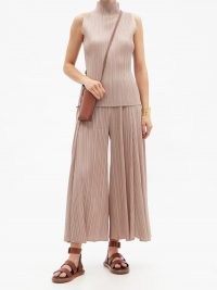 PLEATS PLEASE ISSEY MIYAKE Wide-leg technical-pleated trousers / floaty beige summer pants / effortless style clothing