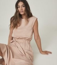 REISS ALESSANDRA CASUAL MIDI DRESS WITH SELF-TIE BELT BLUSH ~ side split hem day dresses