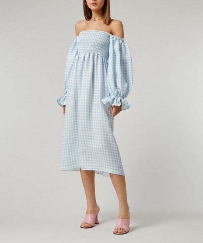 SLEEPER Atlanta Puff-Sleeve Linen Midi-Dress / blue gingham bardot dresses / off the shoulder summer fashion