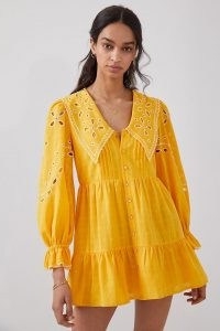 Rahi Marigold Eyelet Mini Dress in Mango / bright floral summer dresses / oversized collar