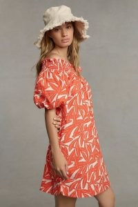 WHIT TWO Banana Leaf Off-The-Shoulder Tunic Dress Red Motif / bardot tropical print summer dresses