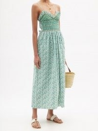 LORETTA CAPONI Bianca smocked floral-print cotton-poplin dress in green / strappy shirred bodice sundress