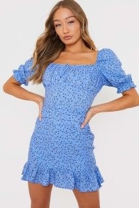 BILLIE FAIERS BLUE FLORAL PRINT RUCHED MILKMAID MINI DRESS / frill trimmed dresses