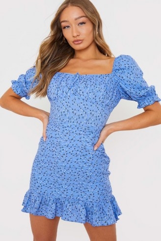 BILLIE FAIERS BLUE FLORAL PRINT RUCHED MILKMAID MINI DRESS / frill trimmed dresses