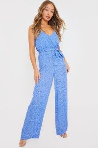 BILLIE FAIERS BLUE FLORAL PRINT WRAP WIDE LEG JUMPSUIT / skinny strap tie waist jumpsuits