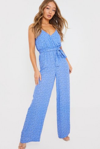 BILLIE FAIERS BLUE FLORAL PRINT WRAP WIDE LEG JUMPSUIT / skinny strap tie waist jumpsuits