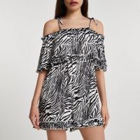 RIVER ISLAND Black short sleeve animal bardot playsuit / spaghetti strap cold shoulder playsuits / zebra / monochrome