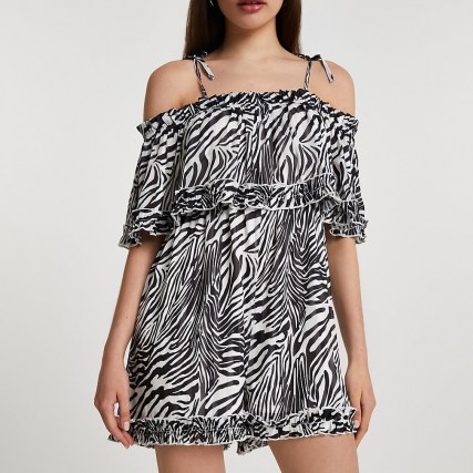 RIVER ISLAND Black short sleeve animal bardot playsuit / spaghetti strap cold shoulder playsuits / zebra / monochrome