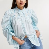 RIVER ISLAND Blue floral embroidered ruched blouse top / voluminous collared blouses