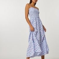 RIVER ISLAND Blue floral shirred midi dress / strappy floral summer dresses