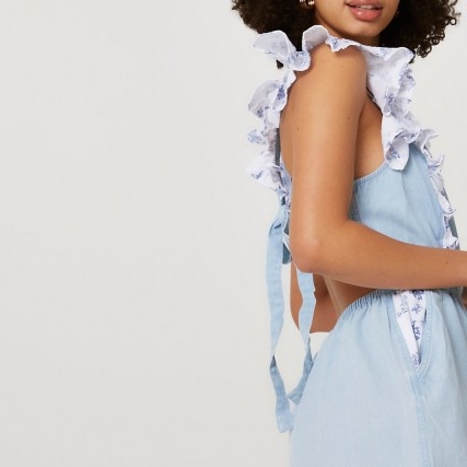 River Island Blue frill denim playsuit – ruffle trim playsuits