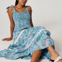 RIVER ISLAND Blue lace trim tiered maxi dress / floral shirred bodice summer dresses / tie shoulder straps