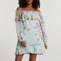 RIVER ISLAND Blue long sleeve bardot mini smock dress ~ floral frill trimmed off the shoulder dresses