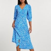 RIVER ISLAND Blue long sleeve ruched floral print dress