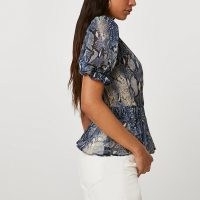 RIVER ISLAND Blue short sleeve snake print peplum top / glamorous puff sleeve elasticated waist tops