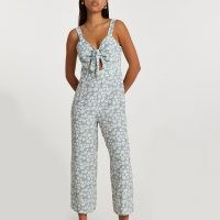 RIVER ISLAND Blue sleeveless floral front tie jumpsuit / crop leg summer jumpsuits