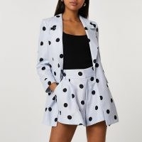 RIVER ISLAND Blue spot longline boucle blazer ~ women’s polka dot print open front blazers