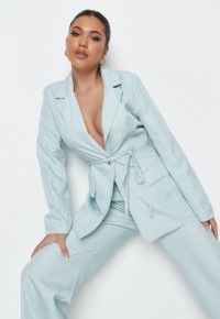 MISSGUIDED blue stripe linen look tie tailored blazer ~ women’s tie waist summer blazers