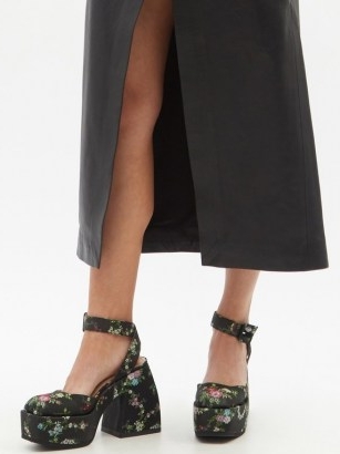 NODALETO Bulla Sofia floral-brocade platform pumps / black chunky ankle strap platforms